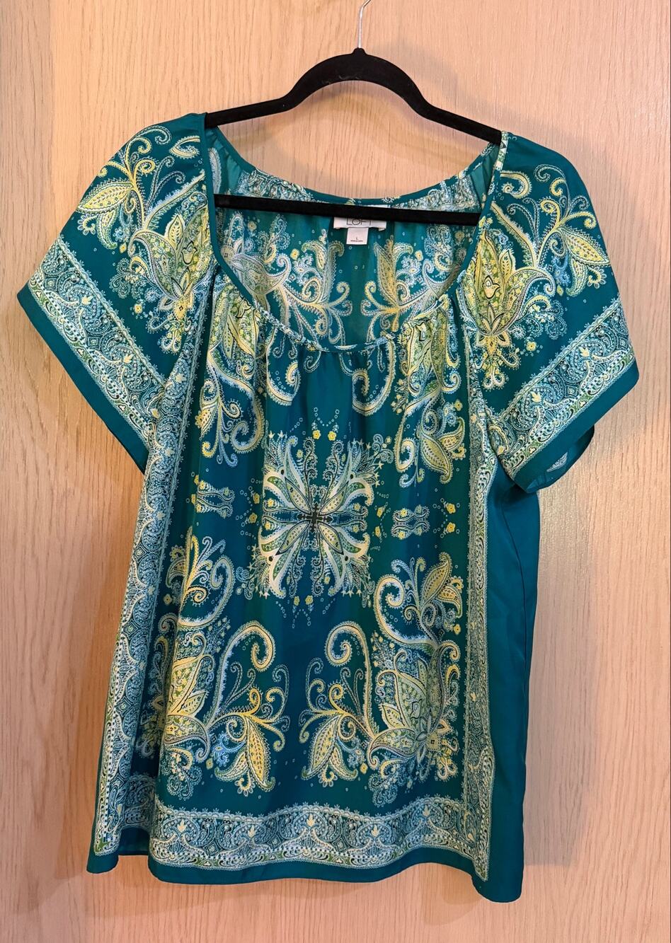 LOFT Paisley Border Print Blouse Teal Green Size Large